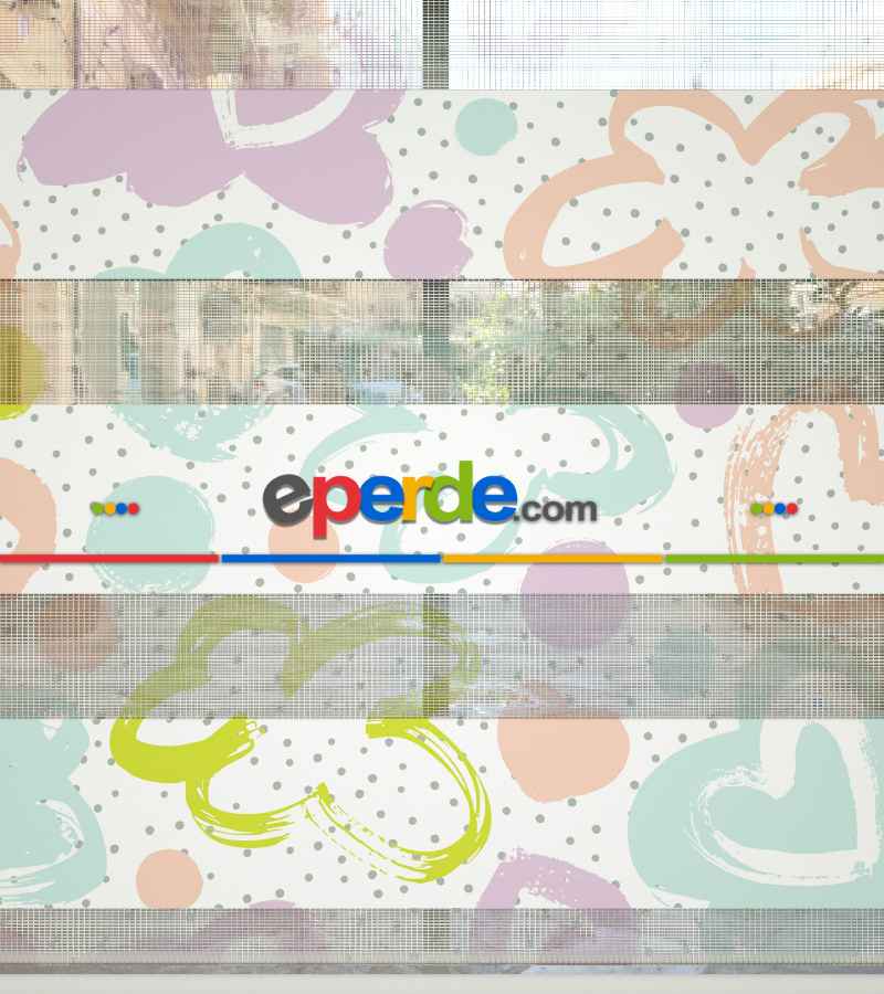 Çocuk Odası Zebra - Kalp Desenli Baskılı Zebra Perde- Çok Renkli