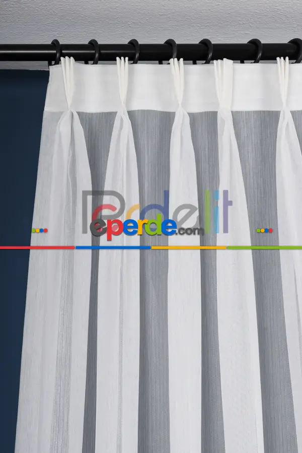 Enine Bantlı Ekru-krem Püskül Detaylı Bambu Zemin Tül Perde