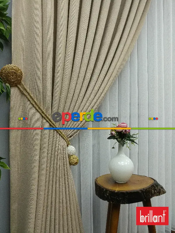 Yatak Odası - Brillant Keten Koyu Krem Renk Düz Fon Perde - Krem Koyu