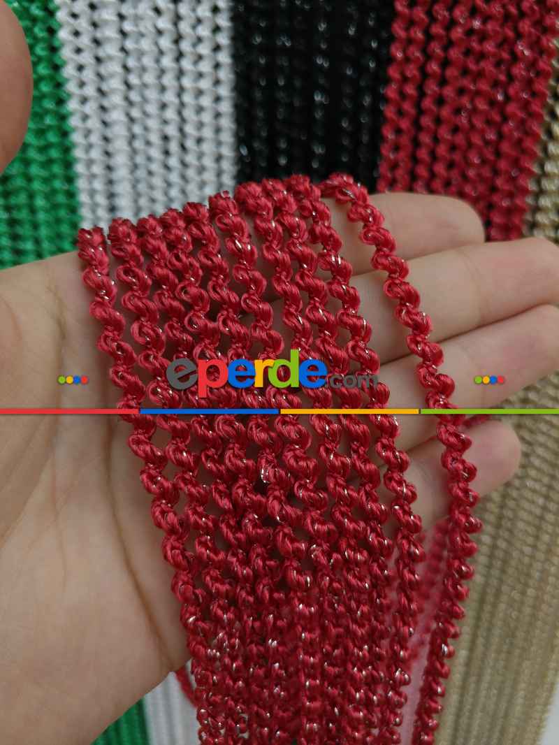 Mutfak İp Perde - Kırmızı Rengi İp Perde Bukle Serisi- Kırmızı-gümüş