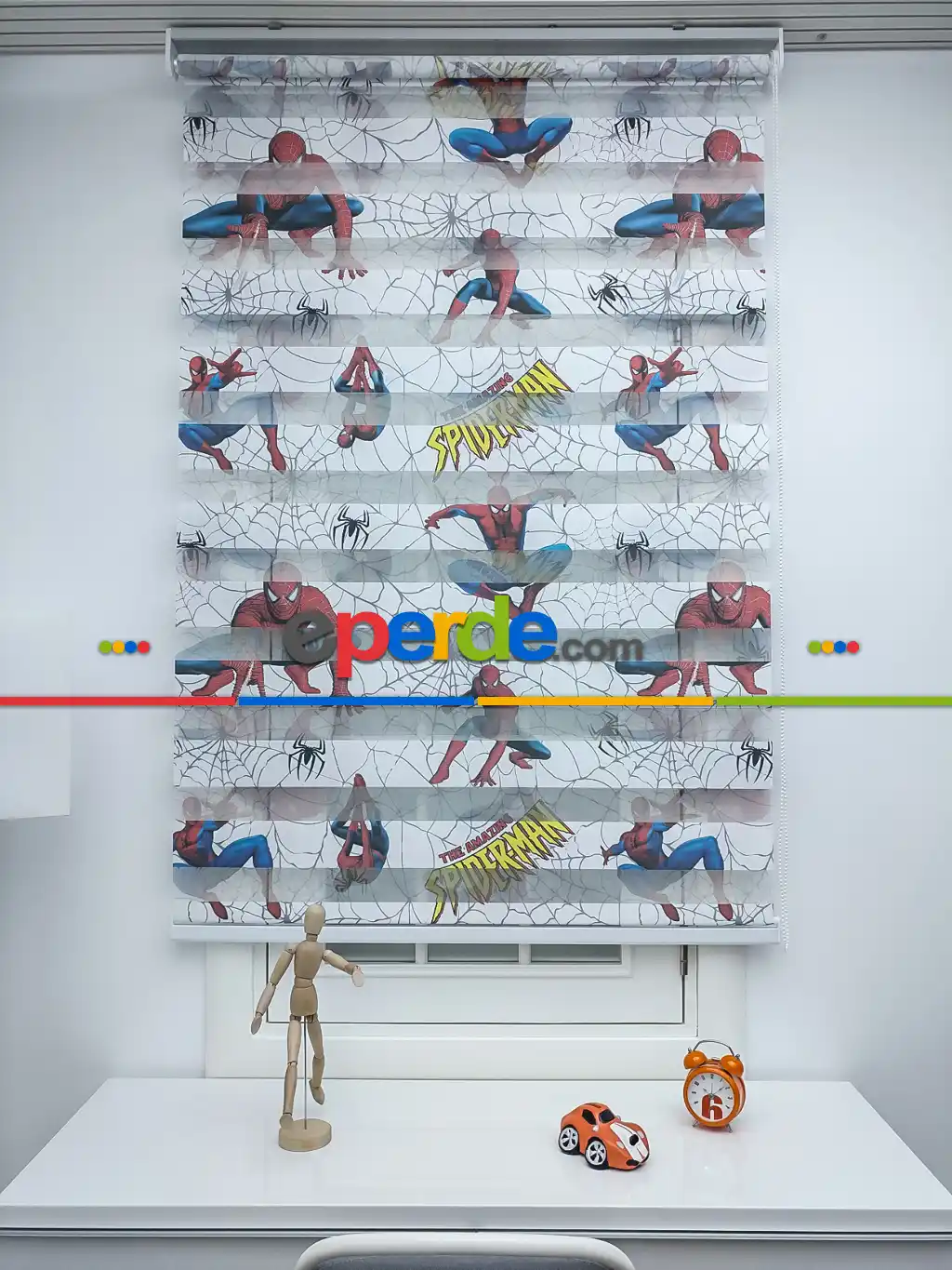 Zebra Perde- Dijital Spıderman Örümcek Adam Baskılı Zebra Perde- Mavi-kırmızı-sarı