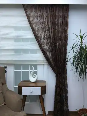Kahverengi Damask Desen İp Tül Fon Perde - Kordon Bağcıklı Gönderilmektedir- Kahverengi