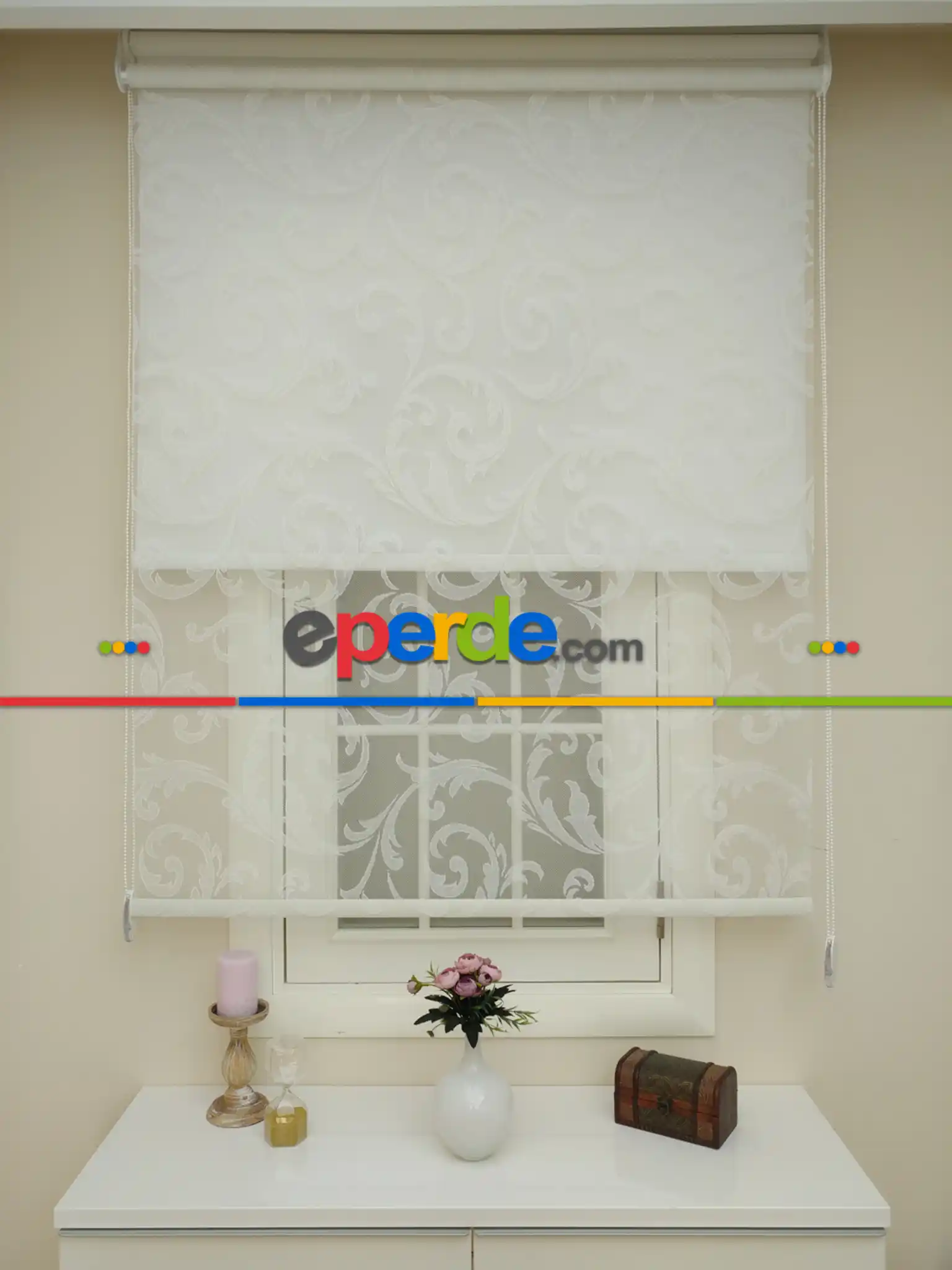 Jakar Örme Tül- Ekru Çiftli Sistem Dantel Desenli Perde- Ekru