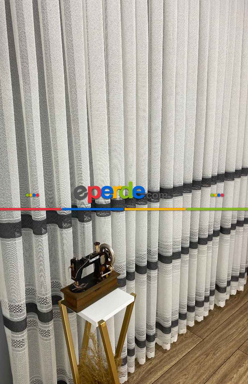 Siyah Gri Çizgili Tül Perde - Spor Desenli - Tül Perde - Örme Tül Perde - Ütü İstemeyen