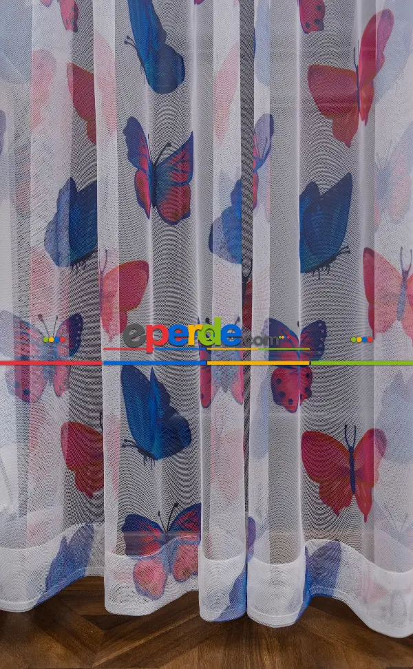 Hazır Ölçü Petek Zemin Renkli Kelebek Desenli Grek Baskılı Tül Perde 190cm X 255cm 