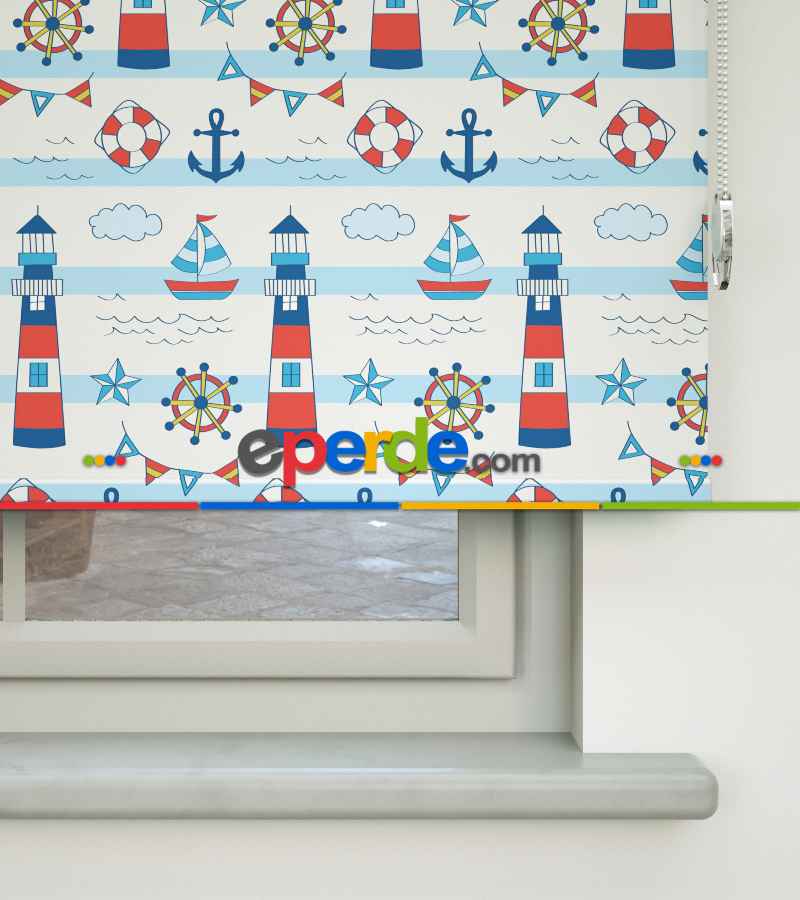 Çapa Baskılı Stor Perde- Mavi-kırmızı-beyaz