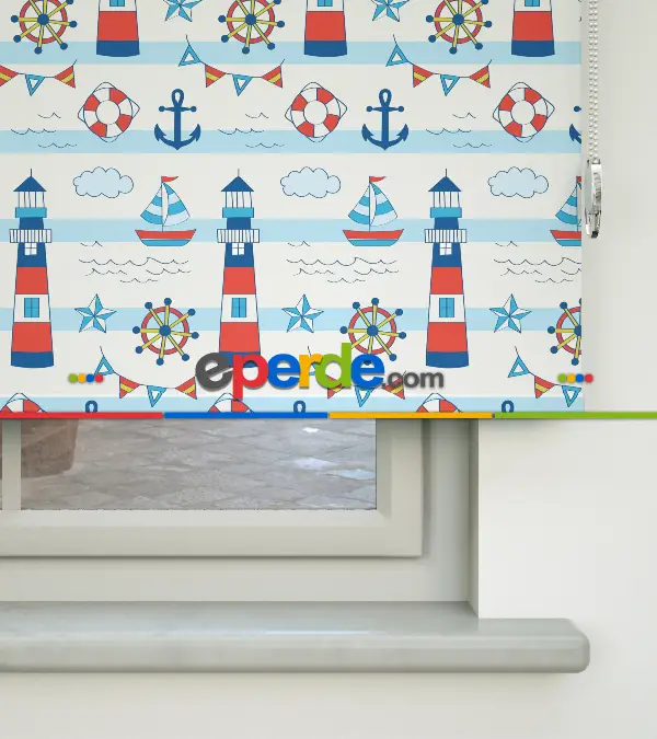 Çapa Baskılı Stor Perde- Mavi-kırmızı-beyaz