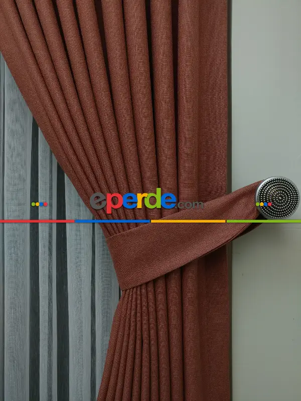 Yatak Odası - Keten Açık Kiremit Renk Düz Fon Perde- Kiremit Rengi