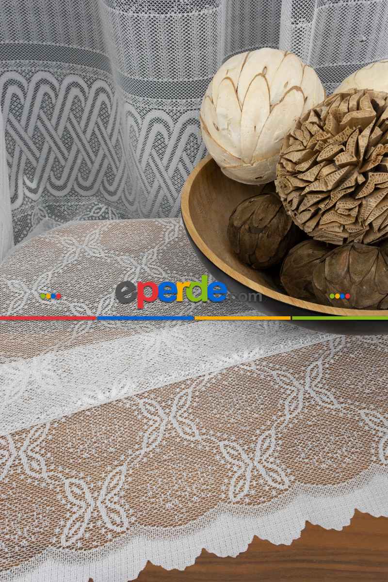 Eteği Bantlı Örme Tül - Ekru Renk Yüksek Kalite