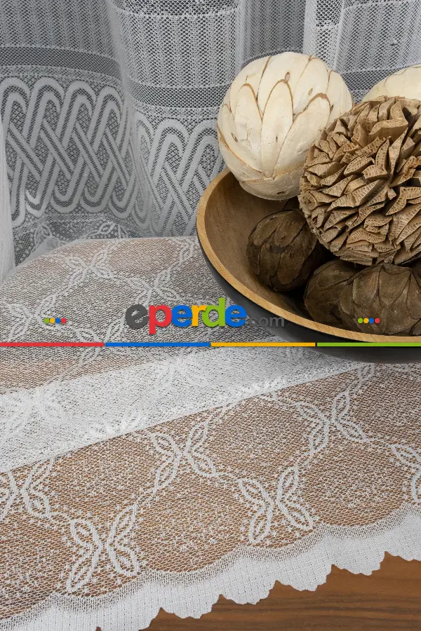 Eteği Bantlı Örme Tül - Ekru Renk Yüksek Kalite