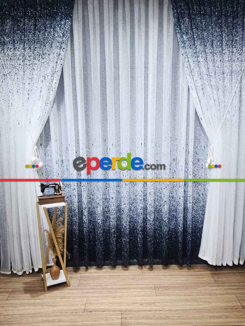 Mutfak - Üsten Dikim Renkli Lacivert Püskürtme Tül Fon Perde