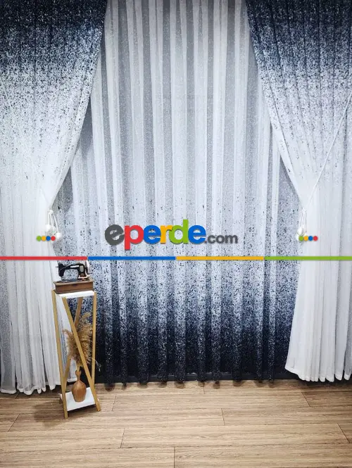 Üsten Dikim Renkli Lacivert Püskürtme Tül Fon Perde