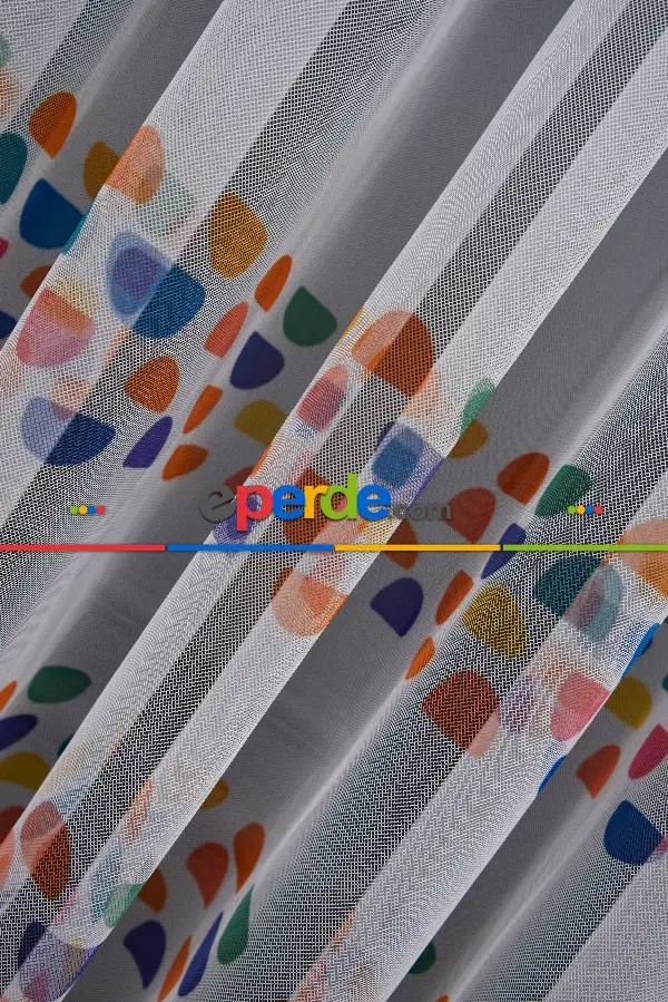 Petek Zemin Turuncu Ve Lacivert Renkli Geometrik Desenli Grek Baskılı Tül Perde