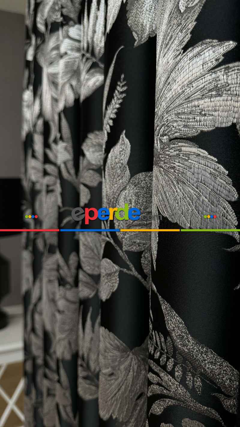 Siyah Gümüş Vizon Çiçek Desen Premium Jakar Dokuma Fon Perde - Premium Kalite Serisi Ağır Gramajlı