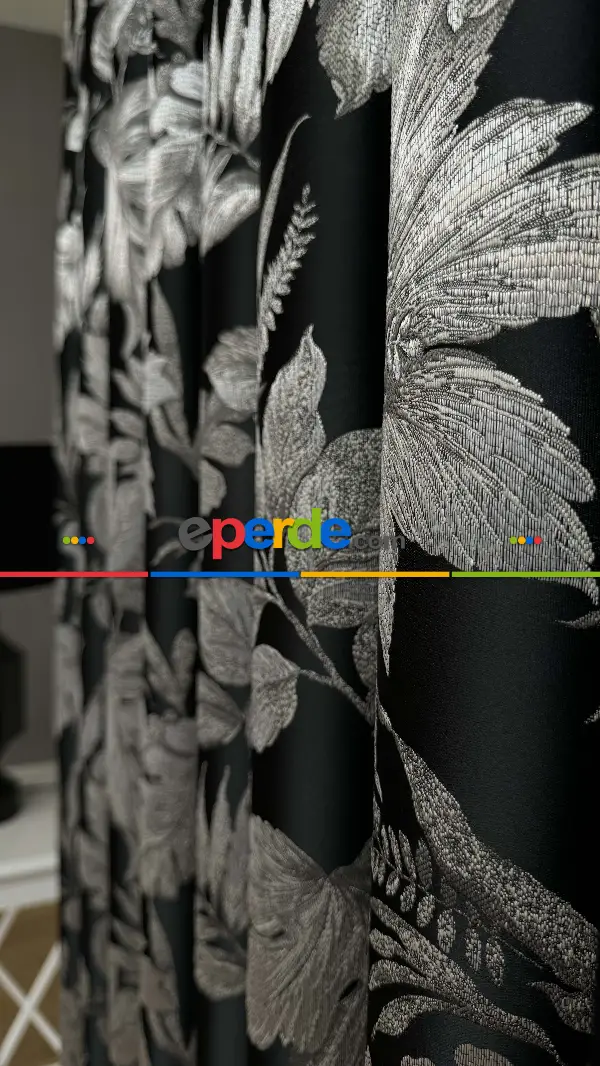 Siyah Gümüş Vizon Çiçek Desen Premium Jakar Dokuma Fon Perde - Premium Kalite Serisi Ağır Gramajlı