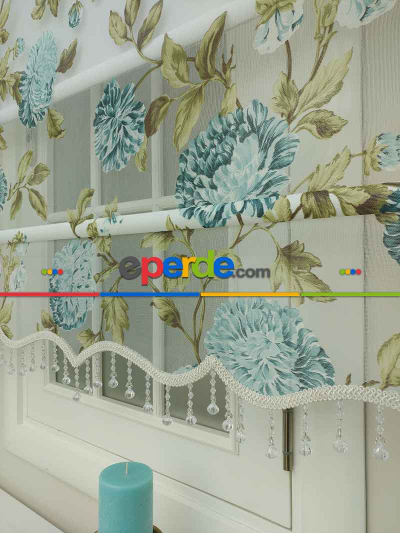 Yatak Odası - Tül Stor Çiftli Sistem Yakma Desen Mavi Gül- Mavi-yeşil Koyu Yeşil- Çok Renkli 2