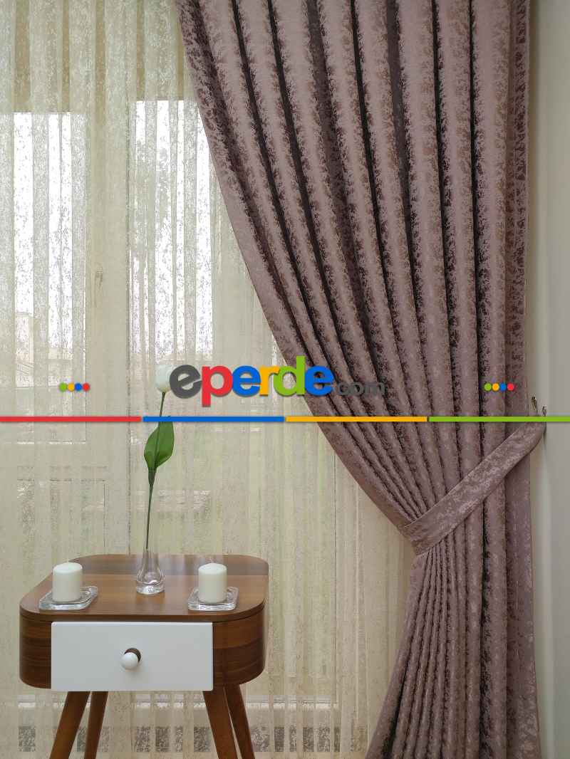 Koyu Pudra Duz Jakar Fon Perde (180)- Pembe Pudra Pembe