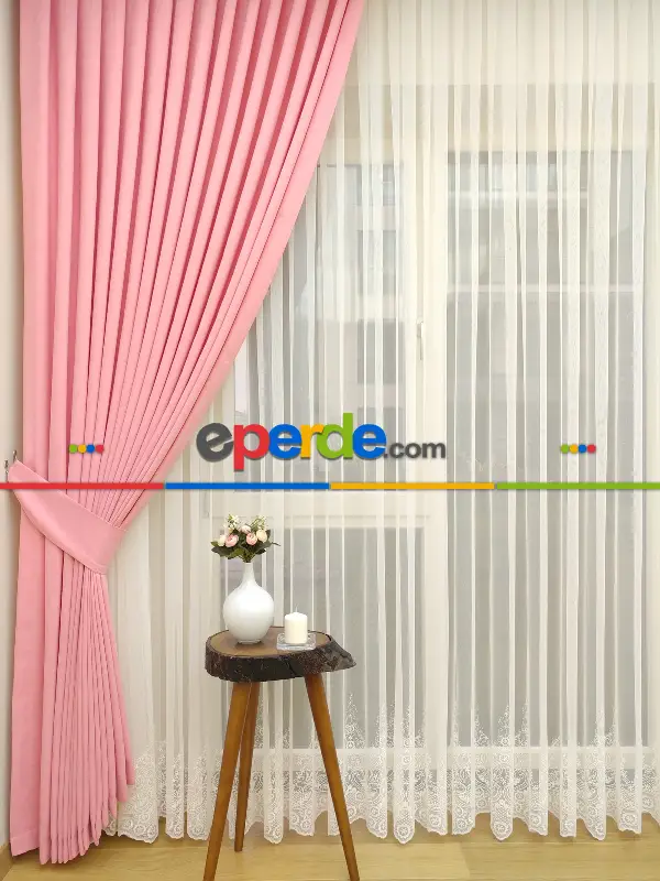 Salon Fon - Pembe - Düz Fon Perde (  Dökümlü Fon Perde)- Pembe Açık