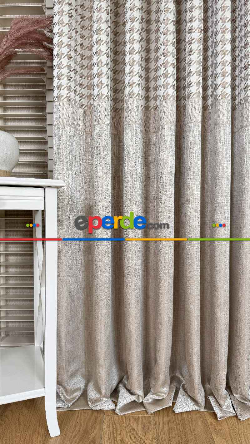 Krem Altın Fon Perde, Pano Model, Orta Pano Kazayağı Desenli, Jakar Dokuma.