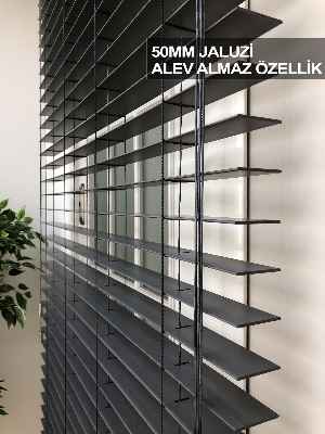 50mm Gri Ahşap Efektli Jaluzi Perde Alev Almaz Özellik- Gri-füme-antrasit