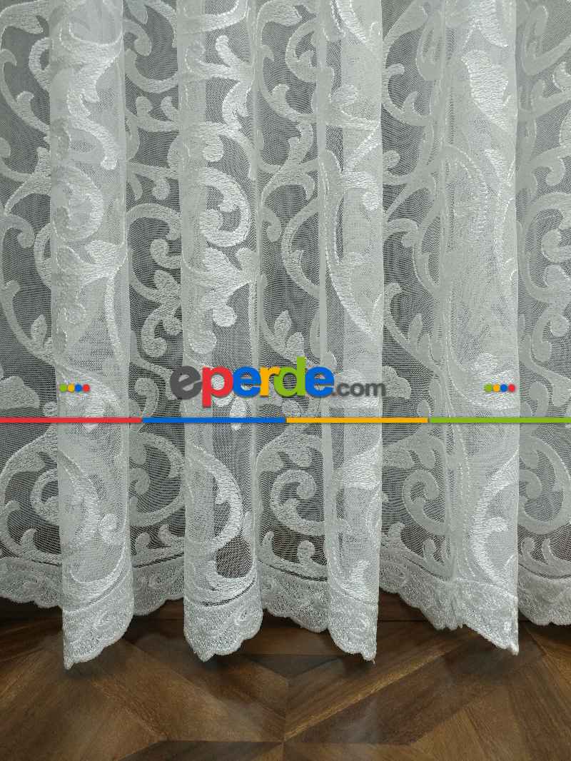 Eteği Duble Nakış İşlemeli Lüx Tül Perde Ikon 2021- Beyaz Buz Beyazı