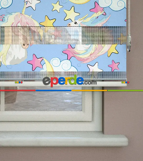 Unicorn Desenli Baskılı Zebra Perde- Çok Renkli