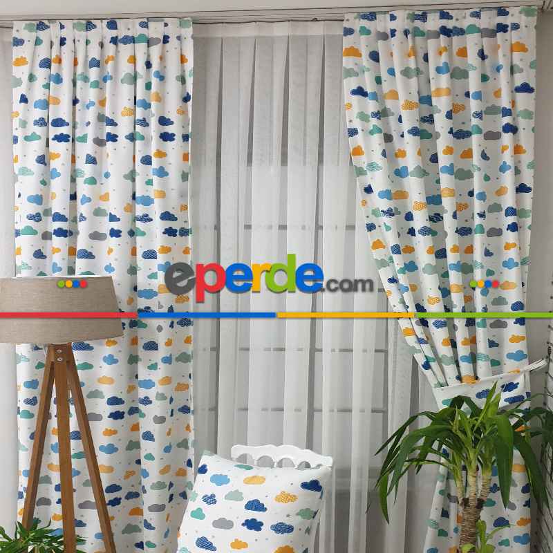 Renkli Bulut Desenli Fon Perde Evm809 Kumaşı Kalındır Duck Bezi Değildir- Beyaz-Mavi Açık