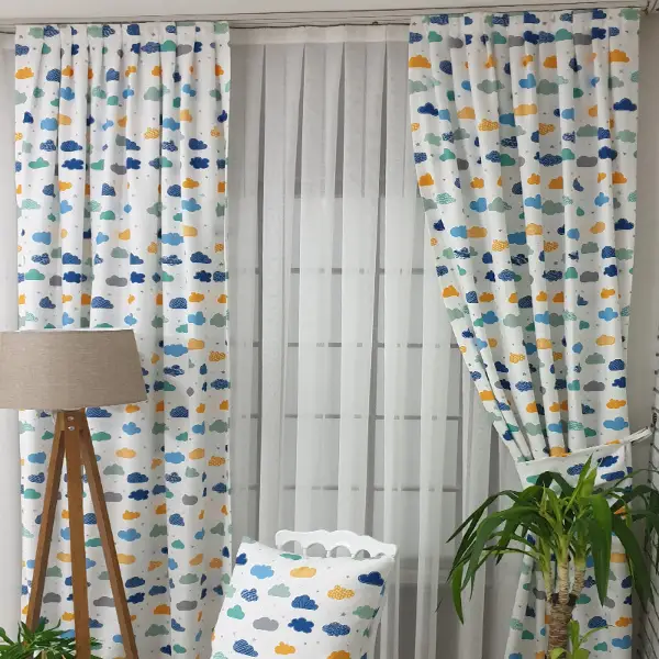 Renkli Bulut Desenli Fon Perde Evm809 Kumaşı Kalındır Duck Bezi Değildir- Beyaz-Mavi Açık