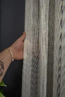 Yatak Odası - Çizgi Altın Gold Simli Çelik Sim Pırıltılı Işıltılı Çizgili Tül Tasarım Perde