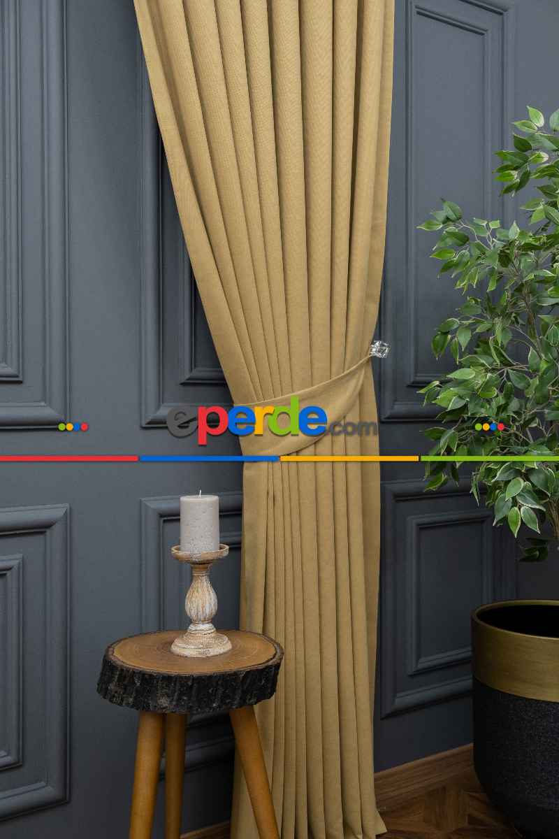 Salon - Bej Rengi Düz Fon Perde Dökümlü Fon Perde 12490