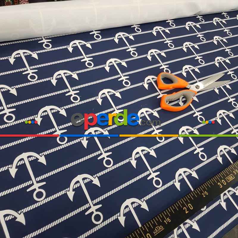 Çapa Marine Desenli Fon Perde Evm655 Kumaşı Kalındır Duck Bezi Değildir- Lacivert-Beyaz