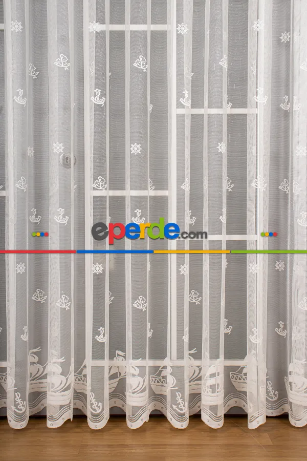 Çocuk Odası - Çapa Deniz Desenli Örme Tül Perde - Ekru