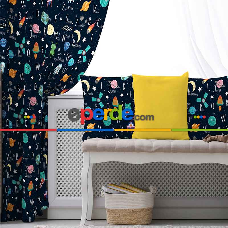 Uzay Desenli Fon Perde Evim833 Kumaşı Kalındır Duck Bezi Değildir- Mavi-beyaz