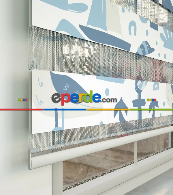 Bebek Odası Zebra -  Denizci Desenli Baskılı Zebra Perde- Mavi-Çok Renkli-Kum Beji