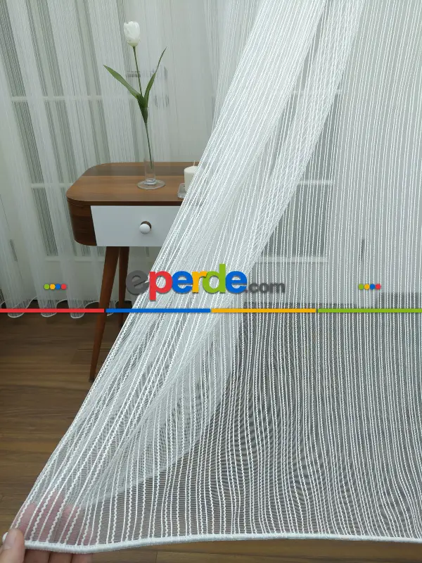 Ekru / Açık Krem Detaylı - Boyuna Çizgili Keten Tül Perde- Krem-ekru - Kurşunlu Tül