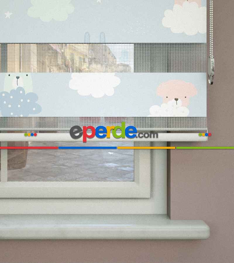 Bulut Desenli Baskılı Zebra Perde- Çok Renkli