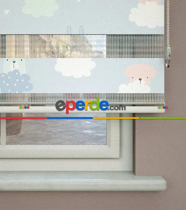 Bulut Desenli Baskılı Zebra Perde- Çok Renkli