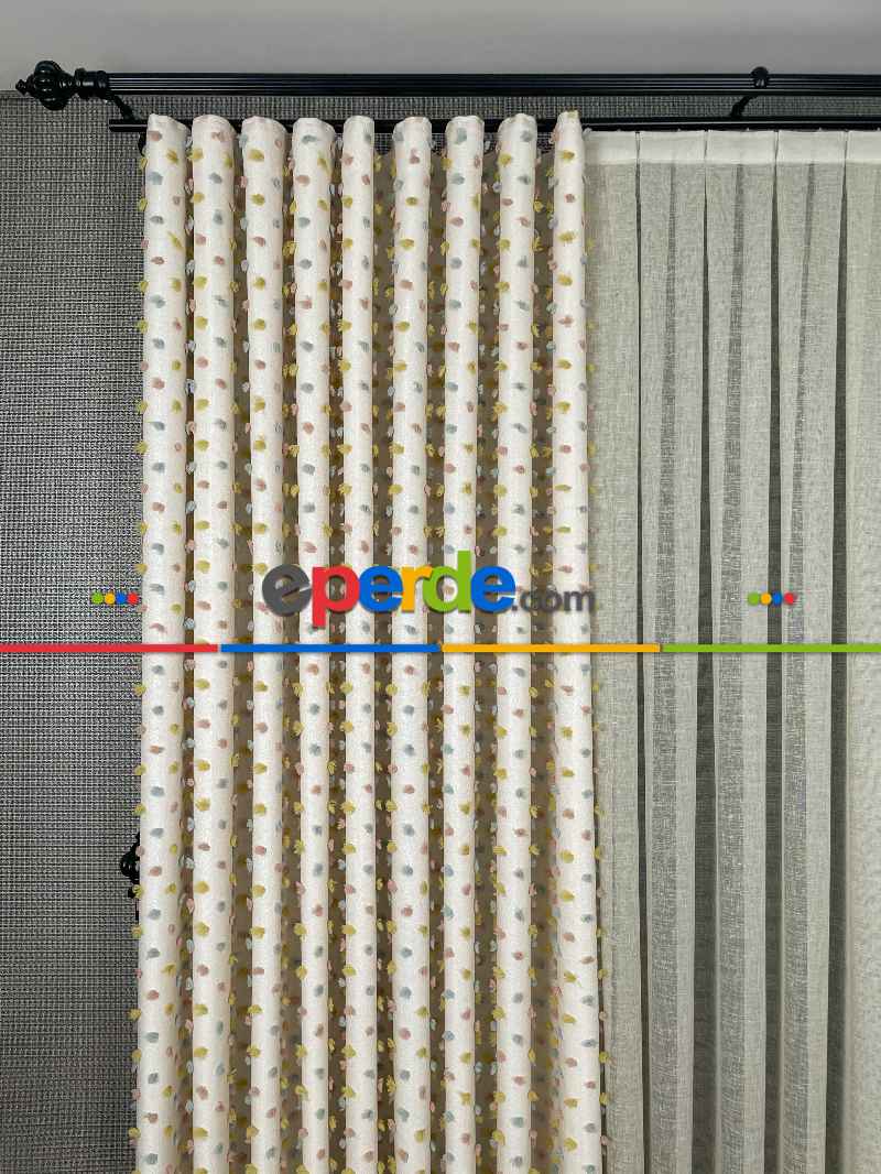 Salon - Krem Çok Renkli Ponponlu Jakar Dokuma, Premium Kalite Serisi Fon Perde