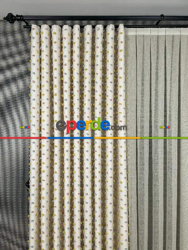 Yatak Odası - Krem Çok Renkli Ponponlu Jakar Dokuma, Premium Kalite Serisi Fon Perde