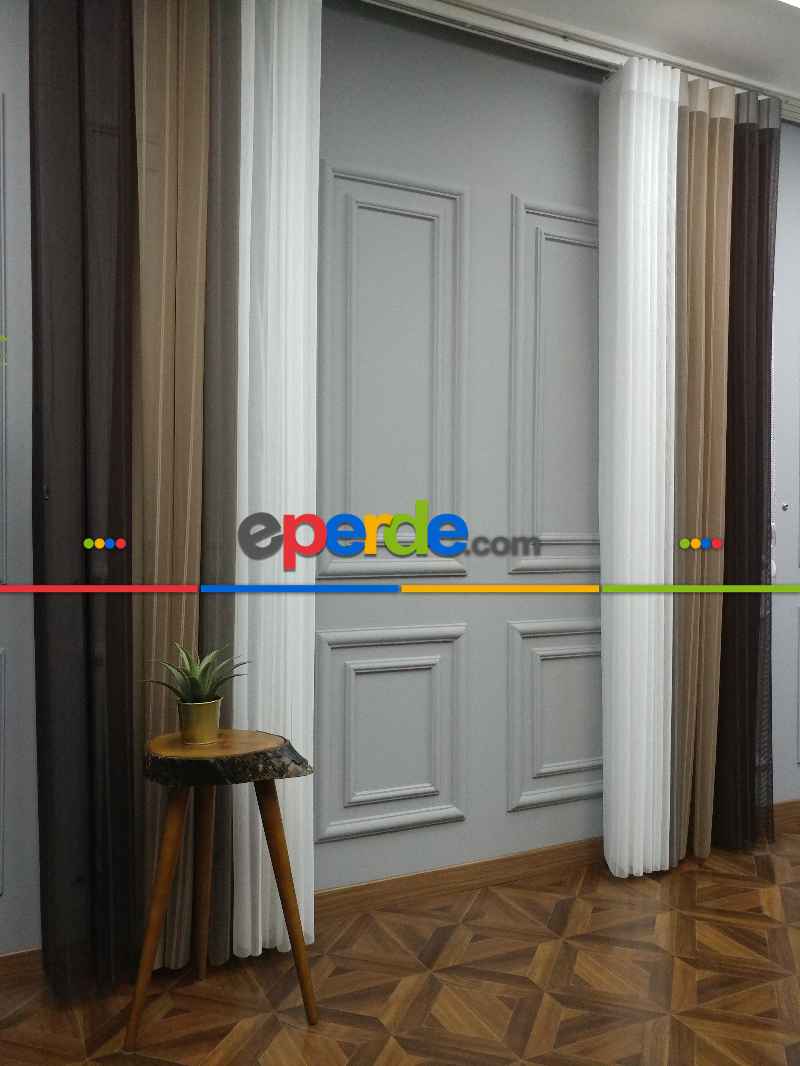 Mutfak - Lens Akıllı Dikey Tül Perde 118- Beyaz-kahve Koyu-vizon Rengi- Çok Renkli 2-taş Rengi