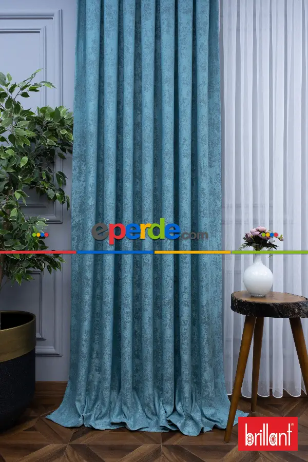 Patinedesenli Brillant Jakar Fon Perde(dökümlü Fon )- Petrol Mavisi