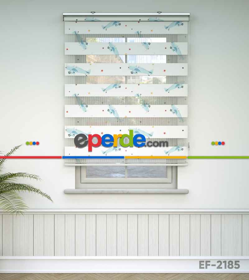 Uçak Desenli Baskılı Zebra Perde- Çok Renkli