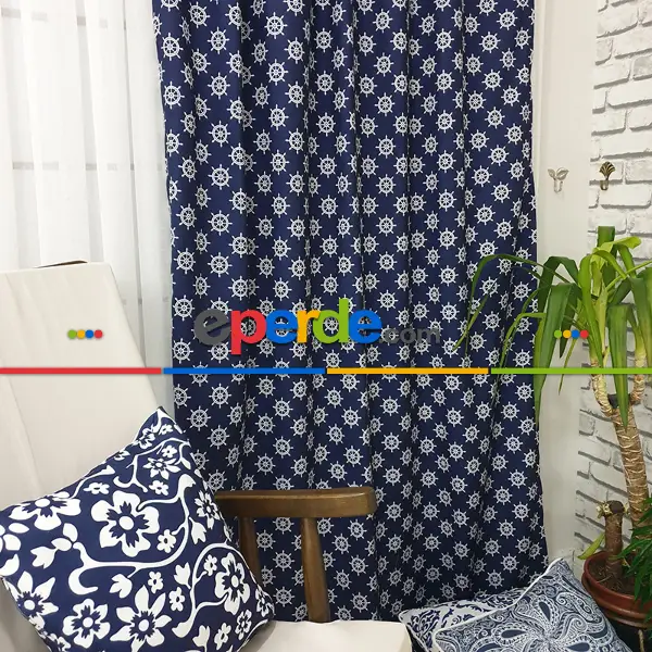 Bebek Odası - Marin Serisi Dümen Desenli Fon Perde Evm1512-6 Kumaşı Kalındır Duck Bezi Değildir- Lacivert