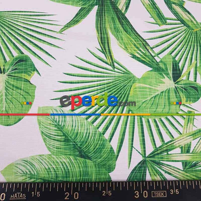 Tropikal Yaprak Desenli Fon Perde Evm1123 Kumaşı Kalındır Duck Bezi Değildir- Yeşil-Beyaz
