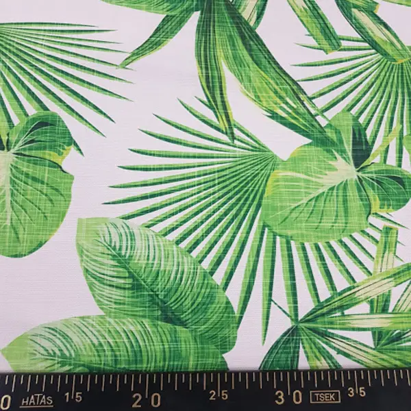 Tropikal Yaprak Desenli Fon Perde Evm1123 Kumaşı Kalındır Duck Bezi Değildir- Yeşil-Beyaz