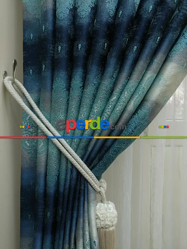 Salon Fon Perde - Fon Perde Turkuaz Damask Desenli(fon Demiri Hediyeli)- Turkuaz