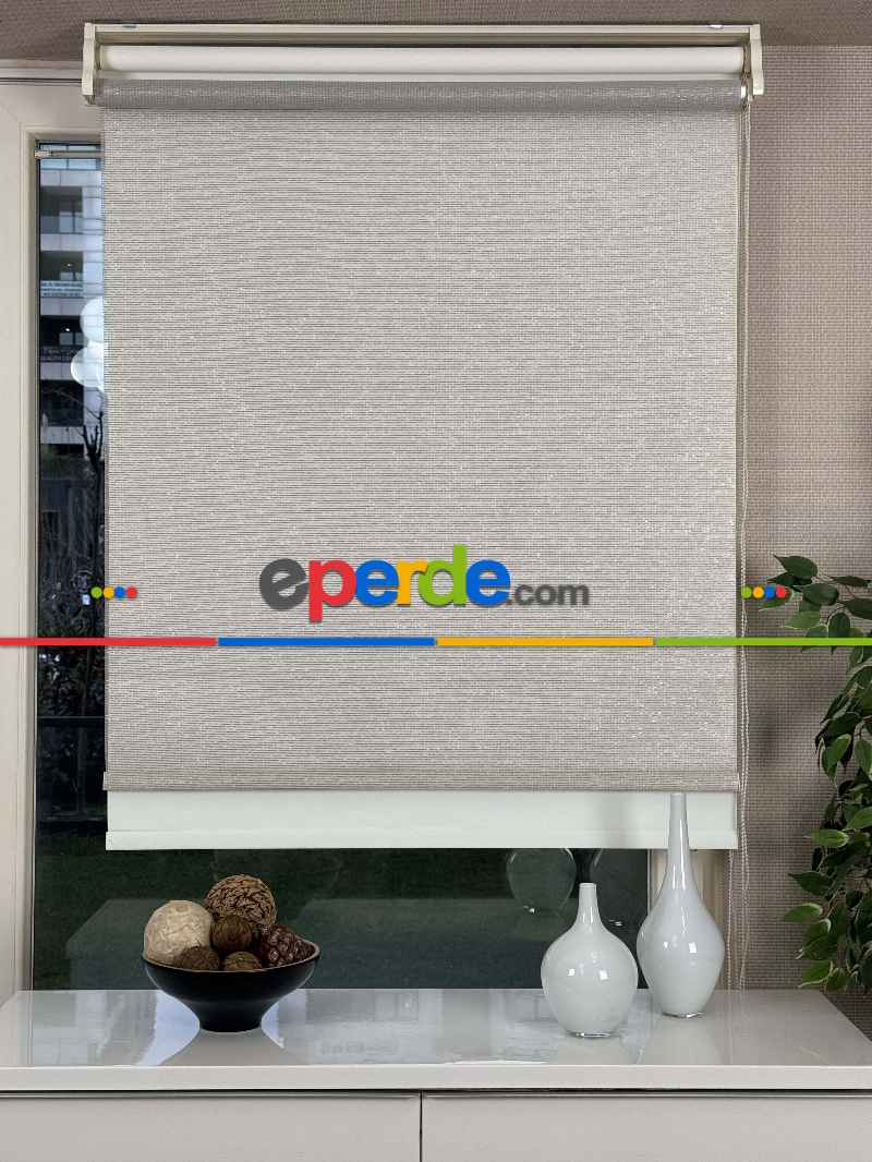 Ekru Krem Simli Çiftli Sistem Tül Stor Perde, Standart Metal Kasalı Yüksek Kalite Kornişe Kolay Montaj Seçenekli