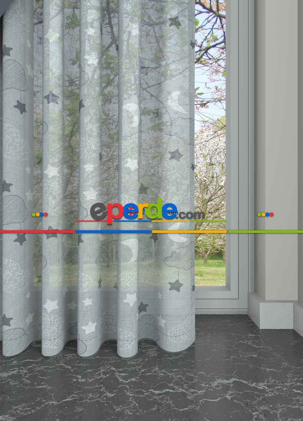 Hazır Ölçülü Bebek Odası - Gri Renkli Bulut Desenli Keten Zemin Baskılı