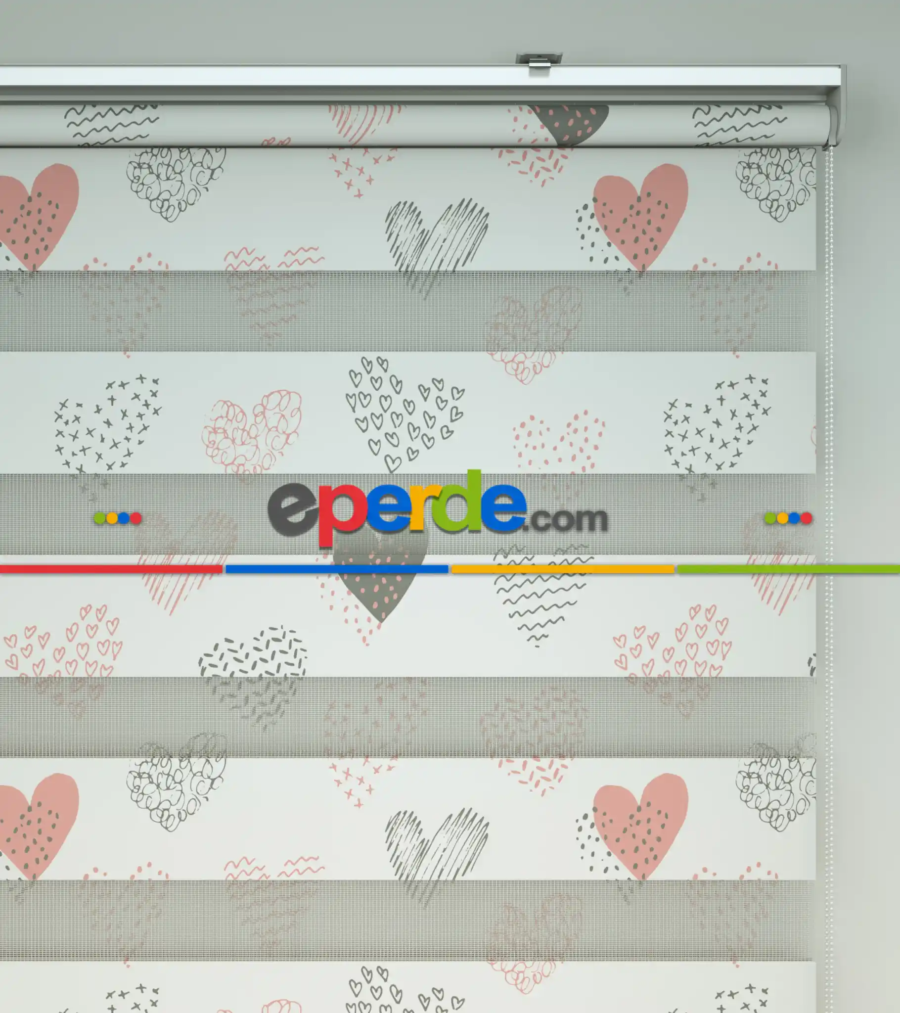 Kalp Desenli Baskılı Zebra Perde- Çok Renkli