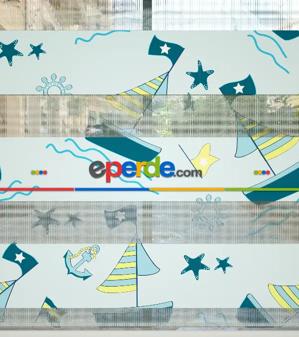 Bebek Odası Zebra Perde - Gemi Desenli Baskılı Zebra Perde- Çok Renkli